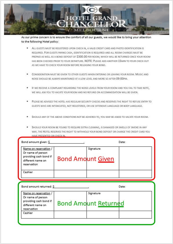 Cash Bond Form